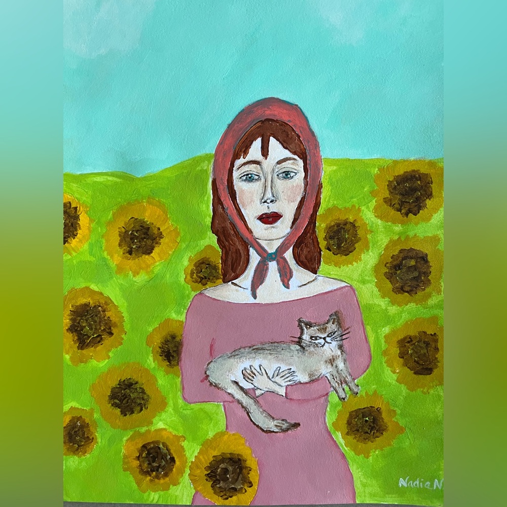 Original art abstract painting of woman holding cat